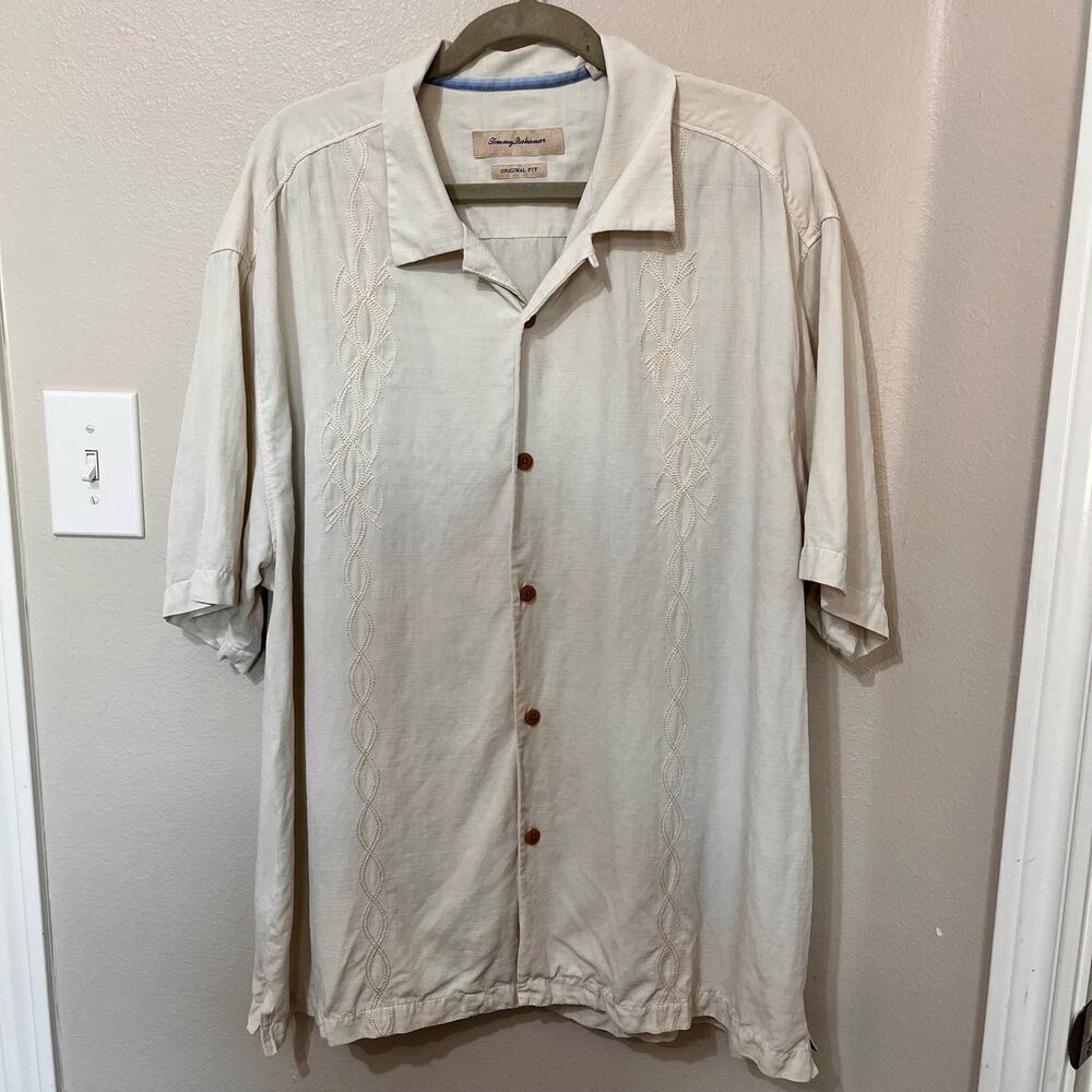Tommy Bahama Men 100% Silk Shirt Sz XXL Original Fit‎ Cream Embroidery